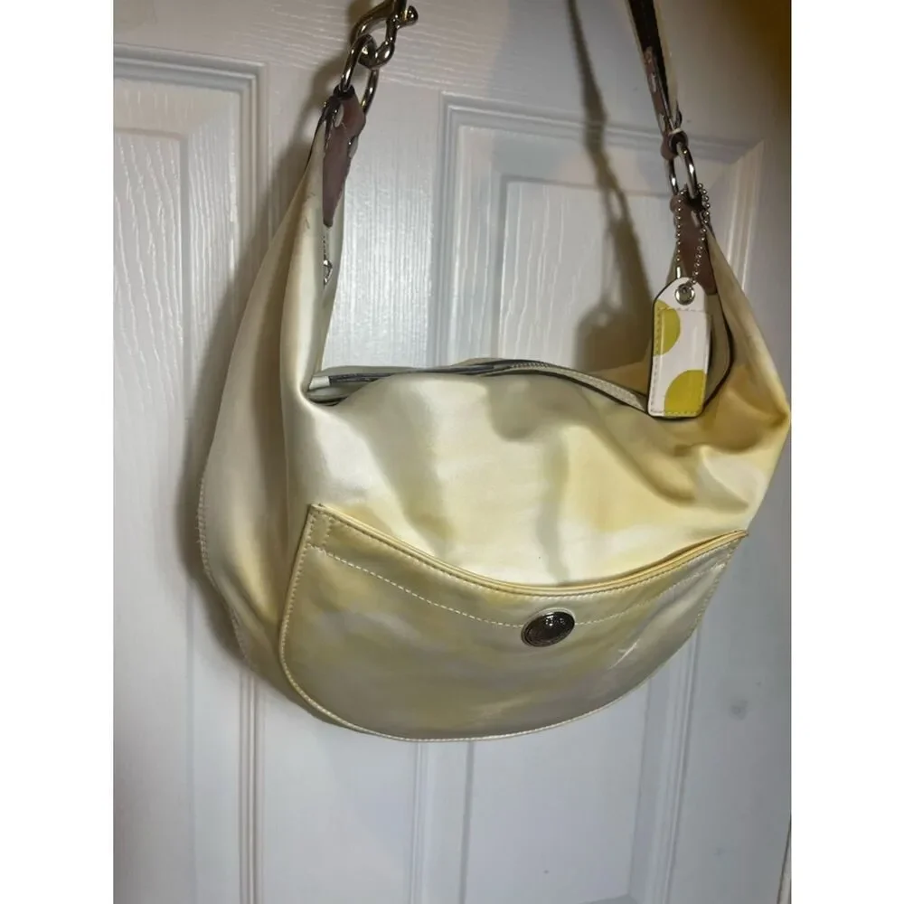 Coach Hampton sateen off white &Yellow marble hobo Bag tan leather &fabric strap